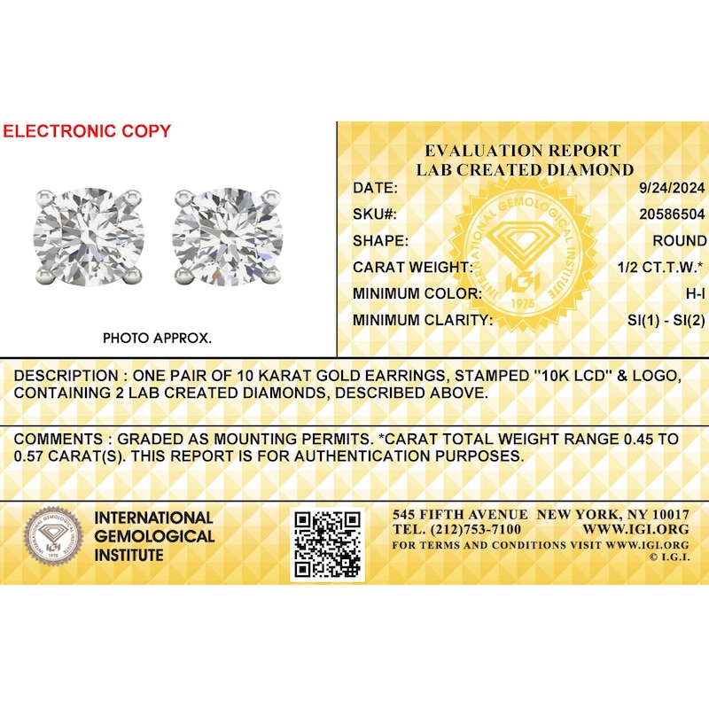 Main Image 2 of 10K Solid White Gold 1/2 CT. T.W. Lab-Created Diamond Studs