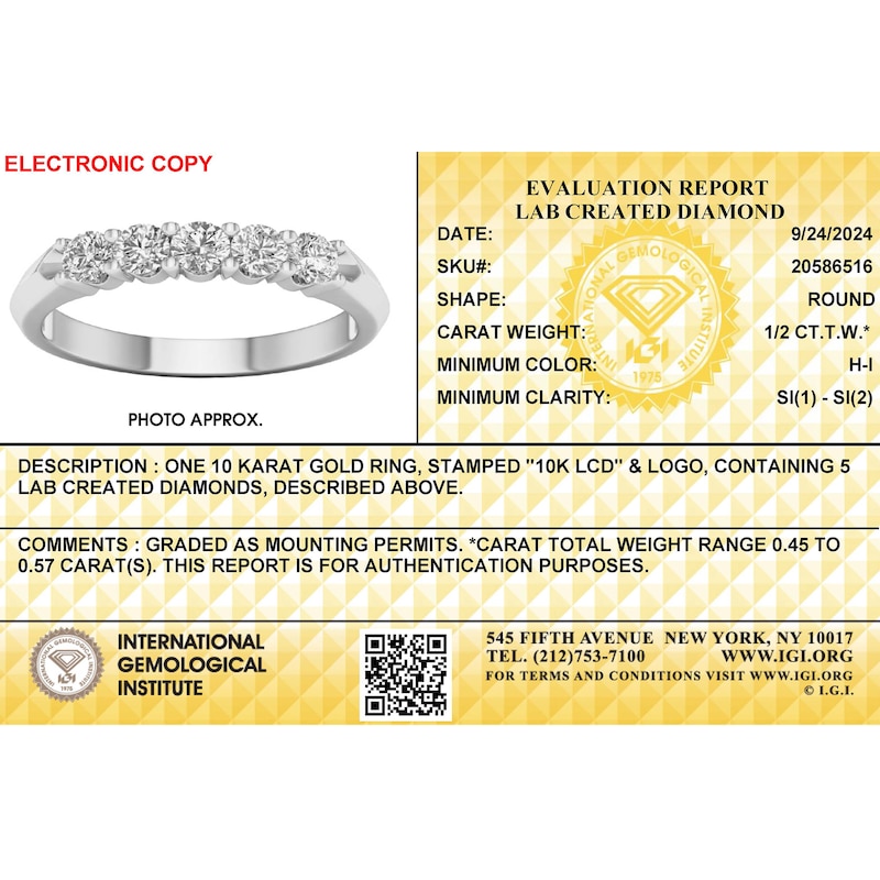 Main Image 3 of ​​​​​​​​​​​​​​10K Solid White Gold 1/2 CT. T.W. Lab-Created Diamond Five Stone Ring