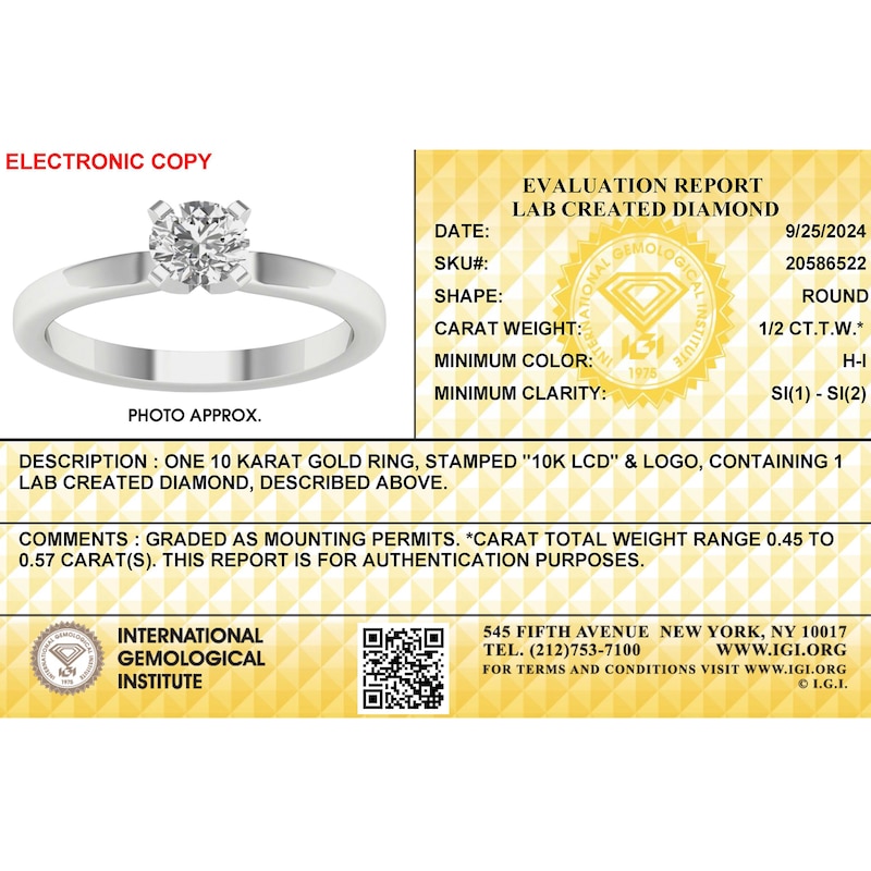 Main Image 3 of 10K White Gold 1/ 2 CT. T.W. Lab-Created Diamond Solitaire Ring