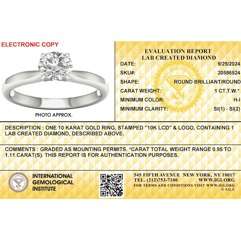 Main Image 3 of 10K White Gold 1 CT. T.W. Lab-Created Diamond Solitaire Ring