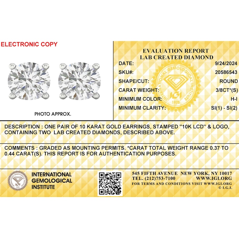 Main Image 2 of 10K Solid White Gold 3/4 CT. T.W. Lab-Created Diamond Studs