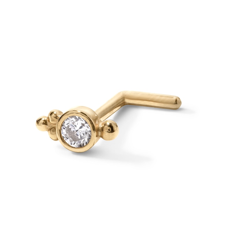 Main Image 1 of 14K Gold CZ Round Bezel L-Shape Nose Stud - 18G 5/16&quot;