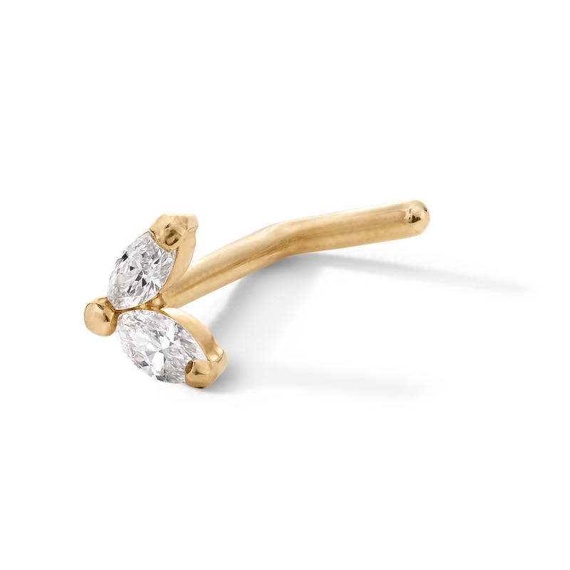 Main Image 1 of ​​​​​​​​​​​​​​​​​​​​​14K Gold Diamond Accent Double Marquise L-Shape Nose Stud - 18G 5/16&quot;