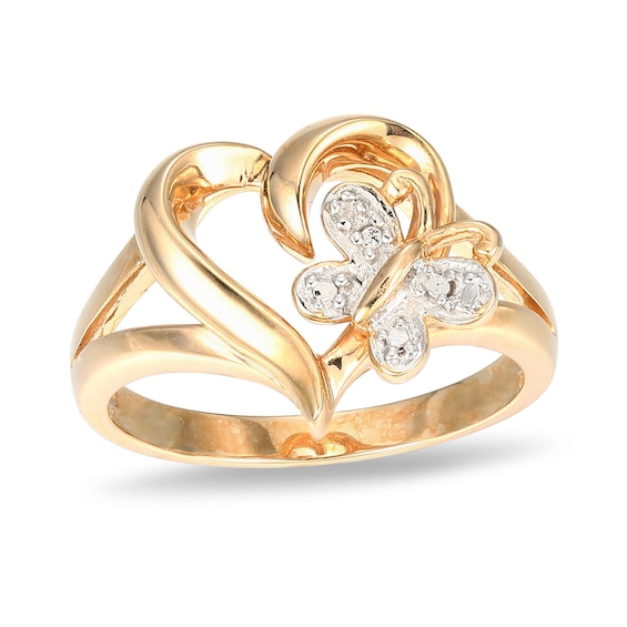 18K Gold Plated Diamond Accent Heart Butterfly Ring