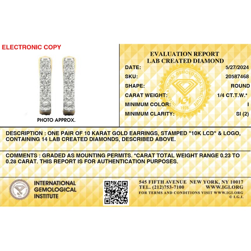 Main Image 3 of 10K Solid Gold 1/4 CT. T.W. Lab-Created Diamond Single Row Huggie Hoops