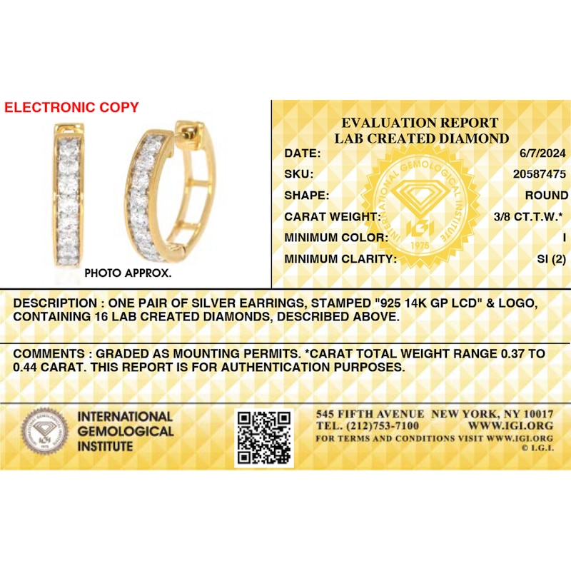 Main Image 3 of 14K Gold Plated 3/8 CT. T.W. Lab-Created Diamond Single Row Huggie Hoops