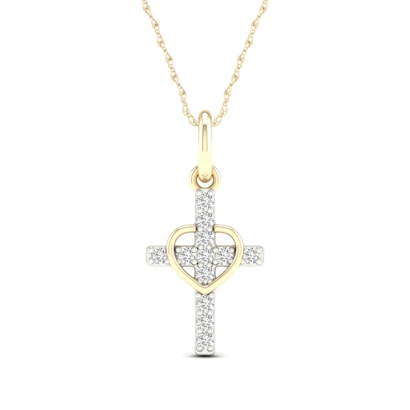 10K Solid Gold 1/15 CT. T.W. Lab-Created Diamond Small Cross Heart Pendant - 18"