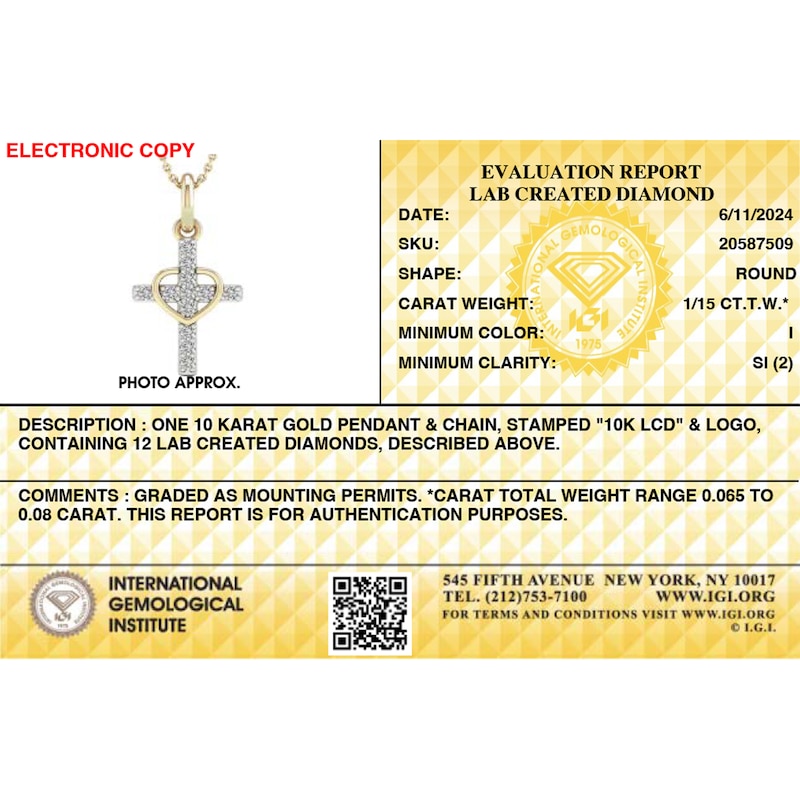 Main Image 3 of 10K Solid Gold 1/15 CT. T.W. Lab-Created Diamond Small Cross Heart Pendant - 18&quot;
