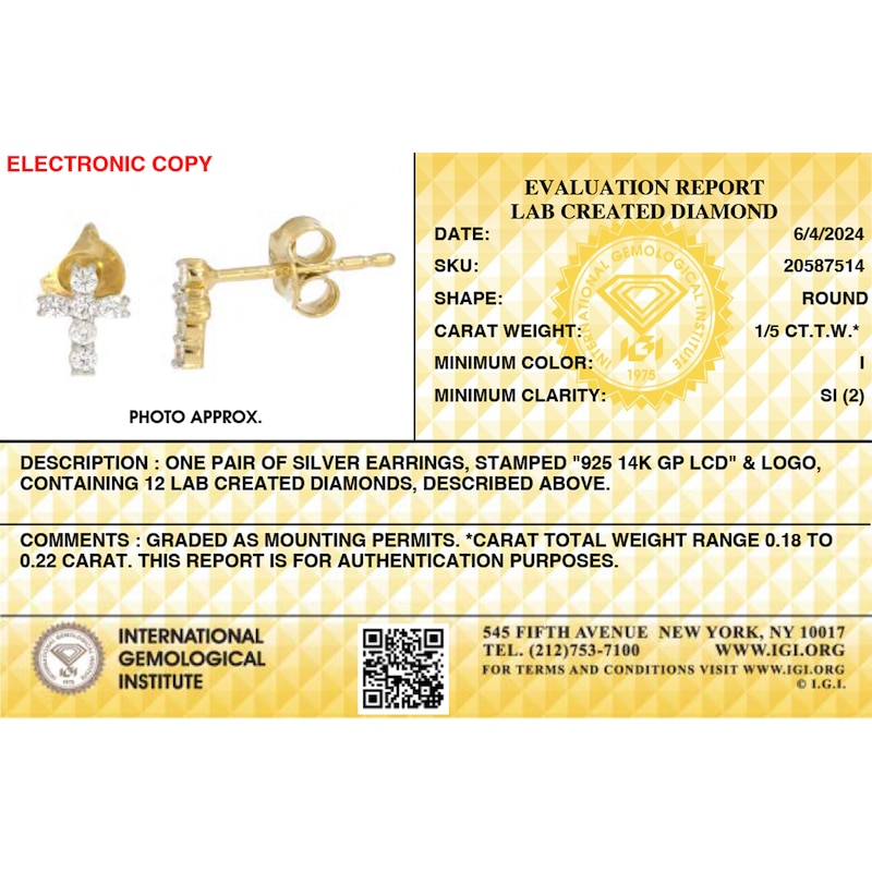 Main Image 2 of 14K Gold Plated 1/5 CT. T.W. Lab-Created Diamond Small Cross Studs