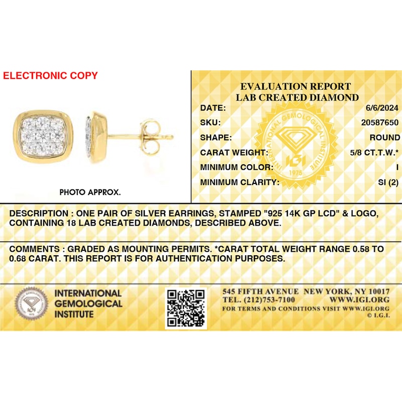 Main Image 3 of 14K Gold Plated 5/8 CT. TW. Lab-Created Diamond Square 9 Stone Studs