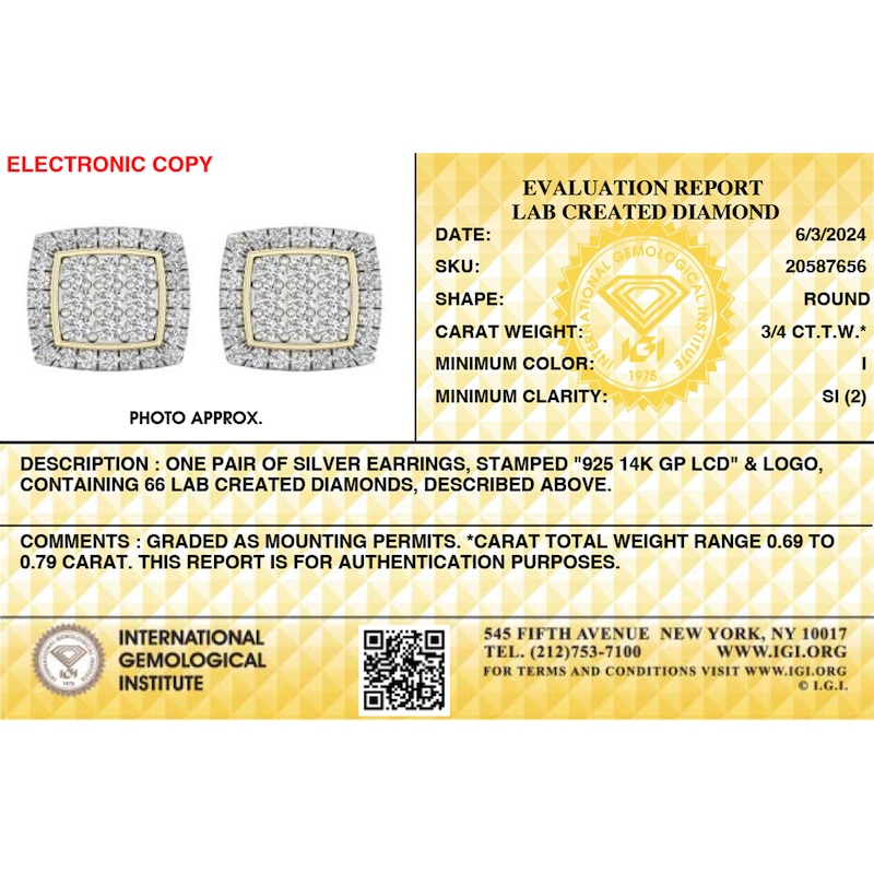 Main Image 3 of 14K Gold Plated 3/4 CT. T. Lab-Created Diamond Square Halo Studs