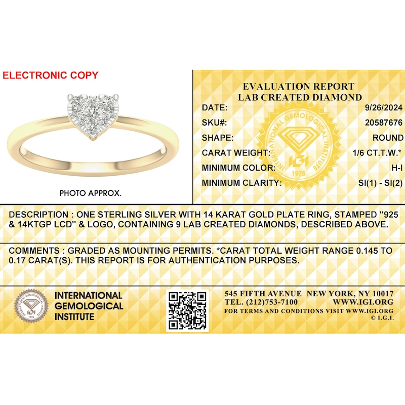 Main Image 3 of 14K Gold Plated 1/6 CT. T.W. Lab-Created Diamond Cluster Heart Ring