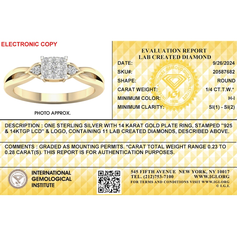 Main Image 3 of 14K Gold Plated 1/4 CT. T.W. Lab-Created Diamond Square Ring