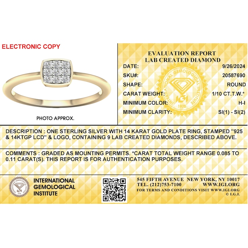 Main Image 4 of 14K Gold Plated 1/10 CT. T.W. Lab-Created Diamond Square Rounded Edge Ring