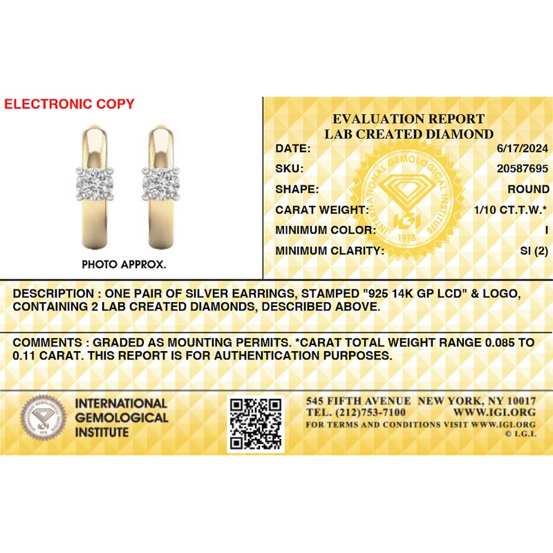 Main Image 3 of 14K Gold Plated 1/10 CT. T.W. Lab-Created Diamond Single Stone Huggie Hoops