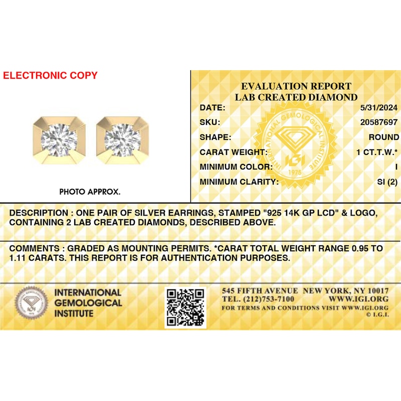 Main Image 3 of 14K Gold Plated 1 CT. T. Lab-Created Diamond Diagonal Center Studs