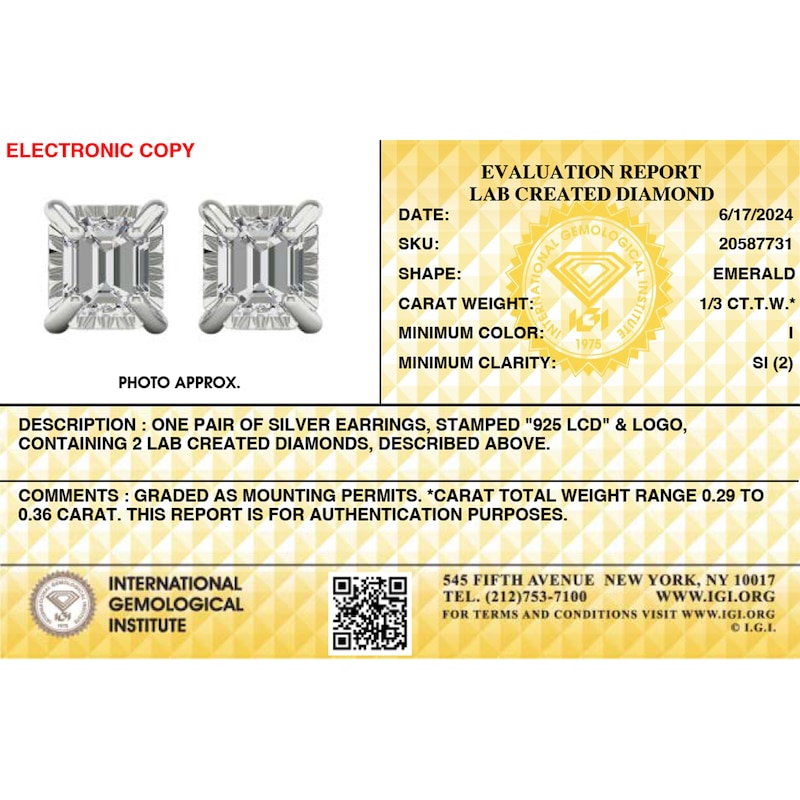 Main Image 3 of Sterling Silver 1/3 CT. TW. Lab-Created Diamond Emerald-Cut Studs