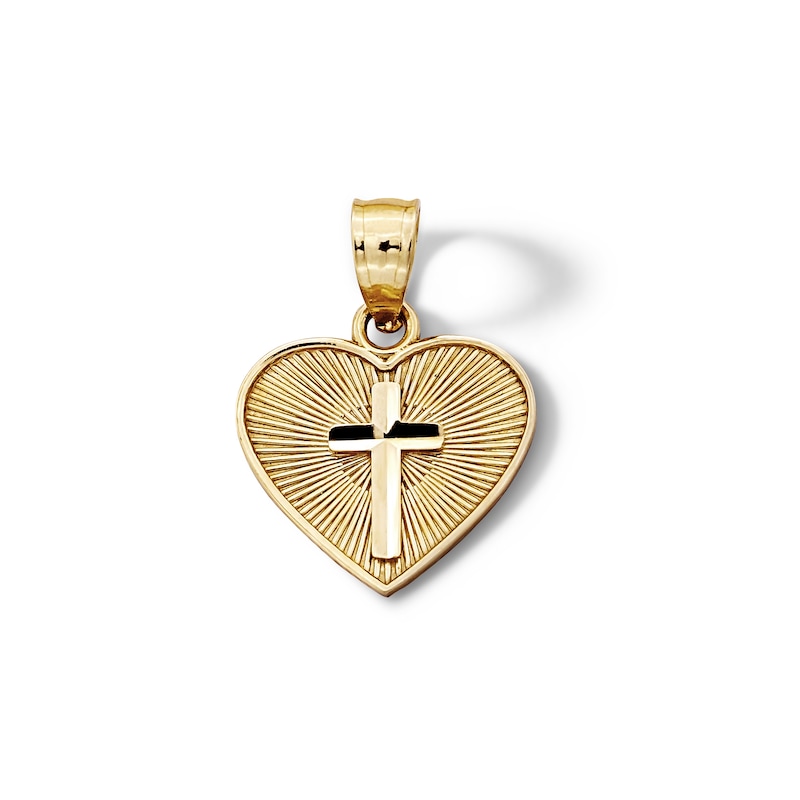 Main Image 1 of 10K Solid Gold Diamond-Cut Heart with Cross Necklace Charm