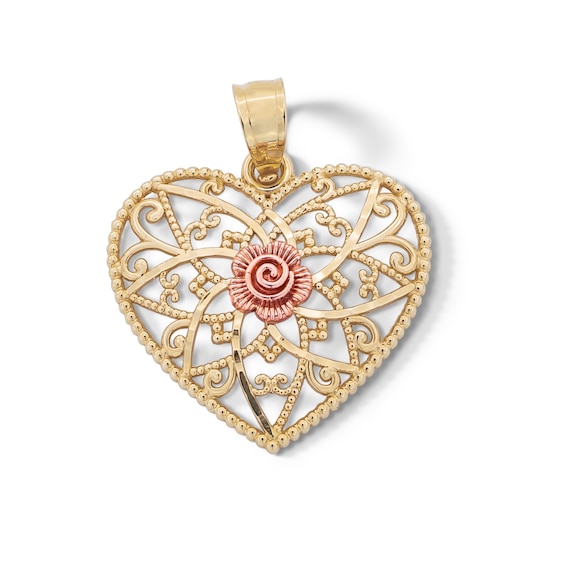 10K Solid Gold Rose Heart Two-Tone Necklace Charm