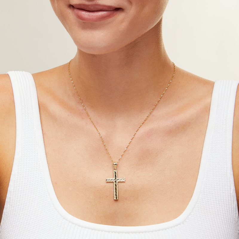 Main Image 2 of 10K Solid Gold Diamond-Cut Ridge Edge Cross Necklace Charm