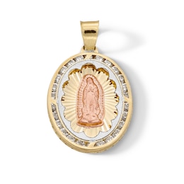 10K Semi-Solid Gold CZ Guadalupe Medallion Tri-Tone Necklace Charm