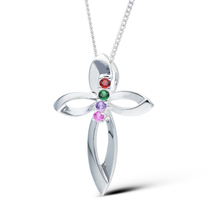 Main Image 1 of Sterling Silver Four Birthstone Cross Pendant Necklace