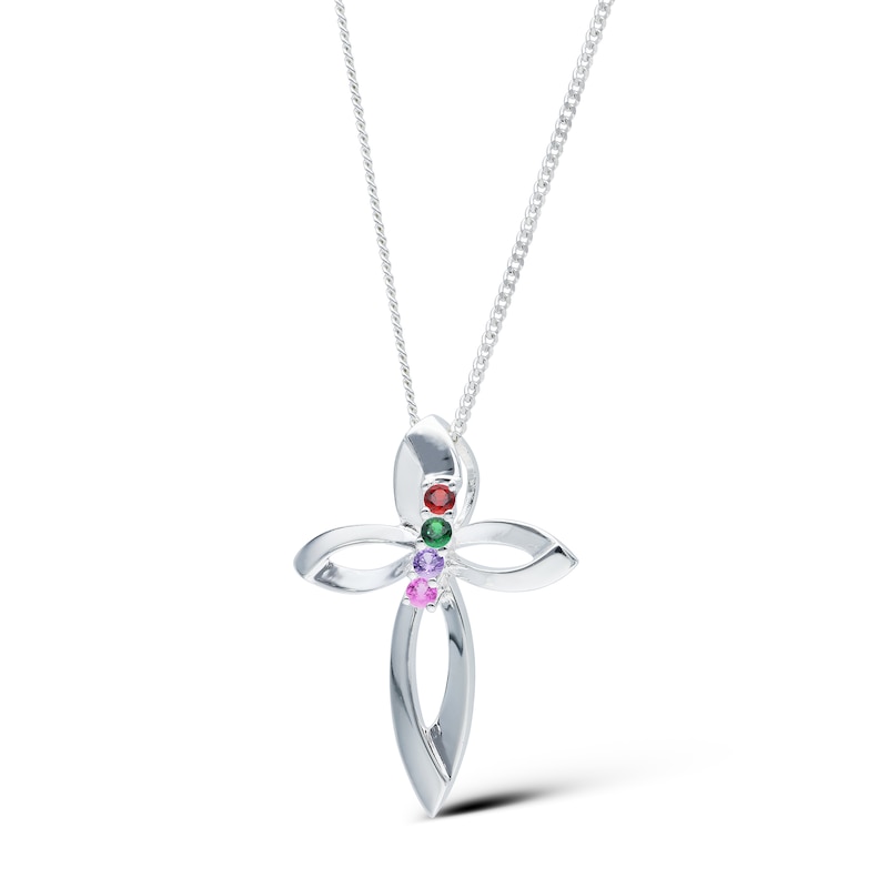 Main Image 2 of Sterling Silver Four Birthstone Cross Pendant Necklace