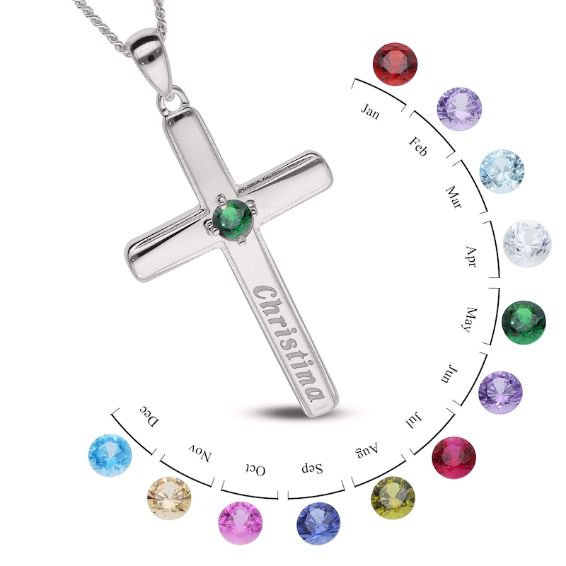 Main Image 2 of Sterling Silver Birthstone Keepsake Cross Engravable Pendant Necklace