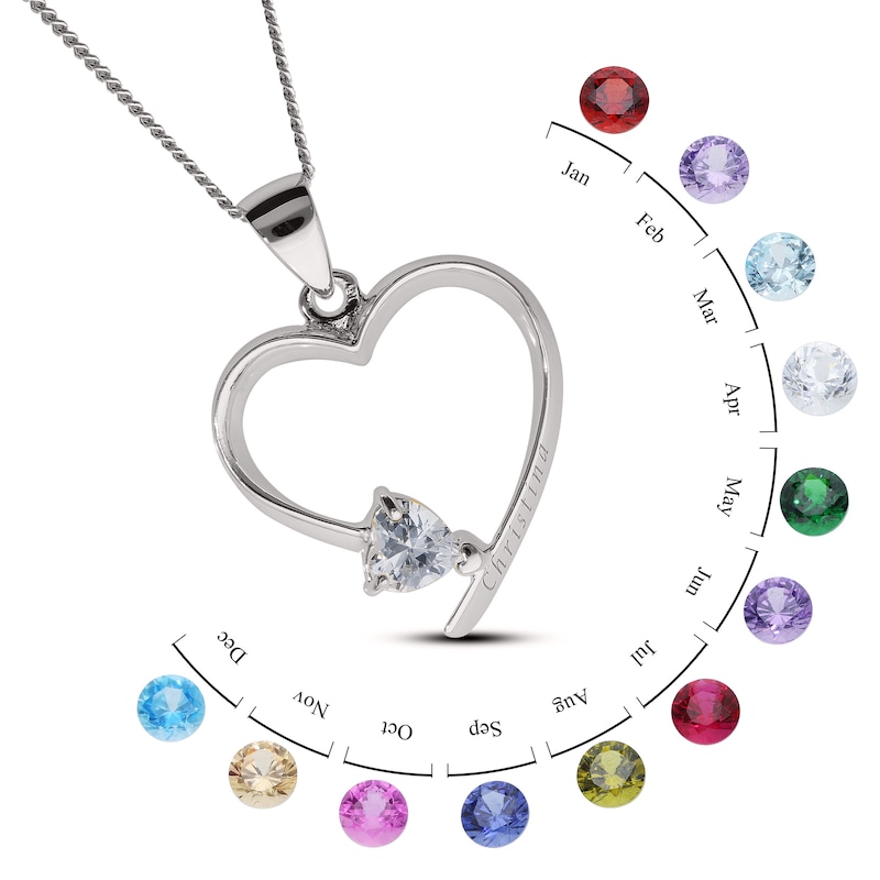 Main Image 4 of Sterling Silver Heart Birthstone Open Heart Engravable Pendant Necklace