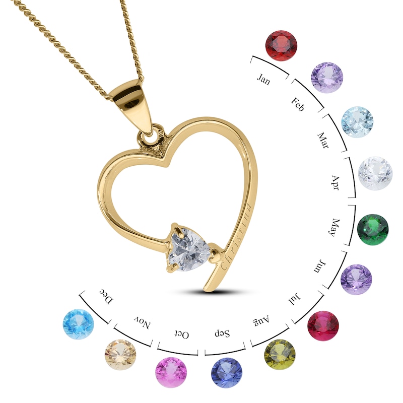 Main Image 3 of 14K Gold Plated Heart Birthstone Open Heart Engravable Pendant Necklace