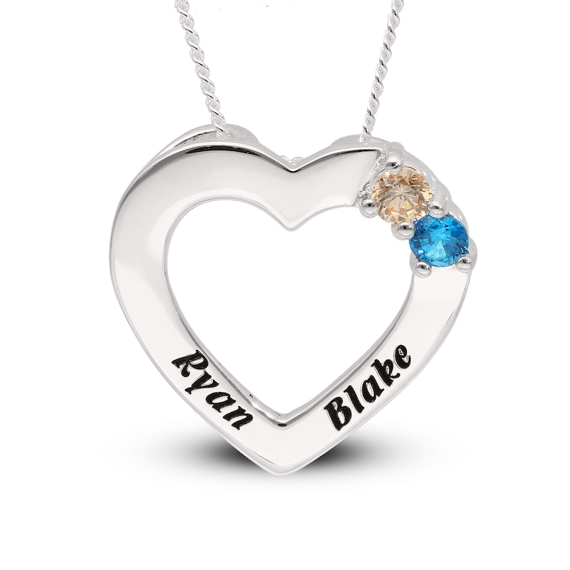 Main Image 1 of Sterling Silver Two Birthstone Two Name Heart Pendant Necklace