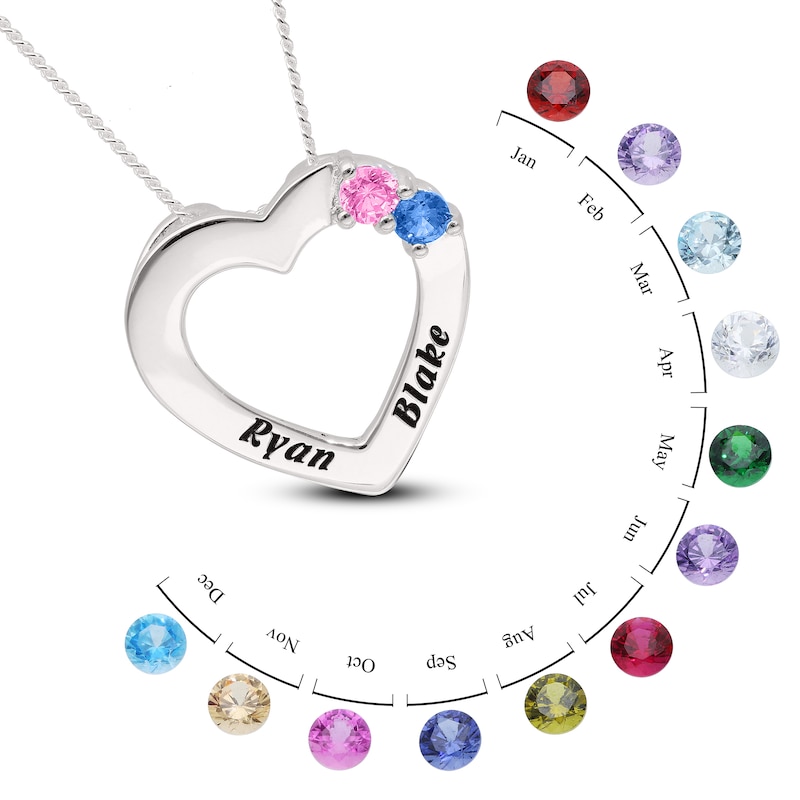 Main Image 4 of Sterling Silver Two Birthstone Two Name Heart Pendant Necklace