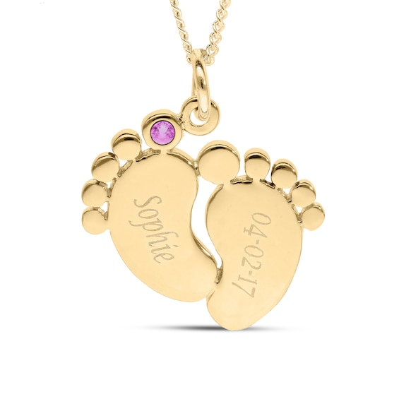 14K Gold Plated Birthstone Baby Feet Engravable Pendant Necklace