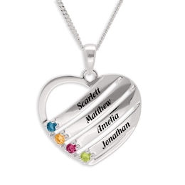 Sterling Silver Birthstone Four Name Heart Pendant Necklace