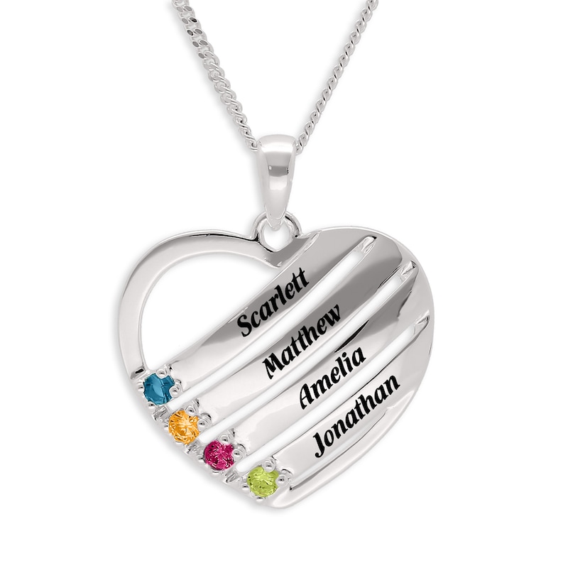 Main Image 1 of Sterling Silver Birthstone Four Name Heart Pendant Necklace