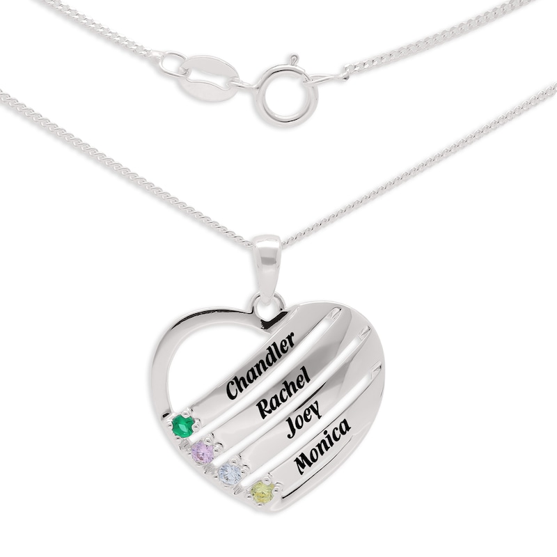 Main Image 2 of Sterling Silver Birthstone Four Name Heart Pendant Necklace