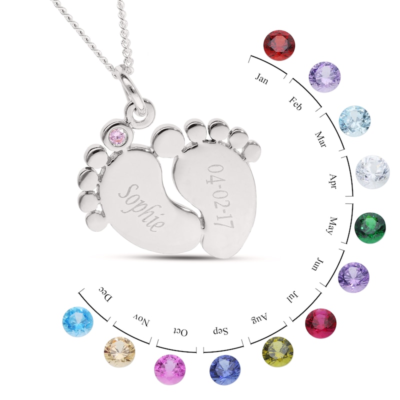 Main Image 3 of Sterling Silver Birthstone Baby Feet Engravable Pendant Necklace