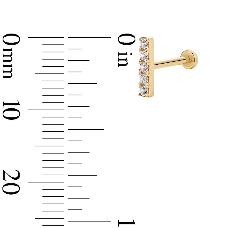 Main Image 2 of 14K Hollow Gold CZ Bar Stud - 18G 5/16&quot;