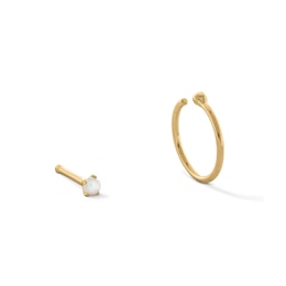 14K Gold Simulated Opal Stud and Hoop Set - 18G 5/16&quot;