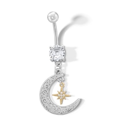 Yellow Ion Plated CZ Moon and Star Belly Button Ring - 14G 7/16&quot;