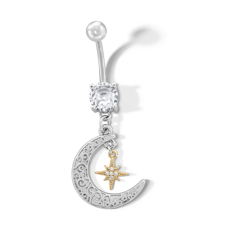 Main Image 1 of Yellow Ion Plated CZ Moon and Star Belly Button Ring - 14G 7/16&quot;