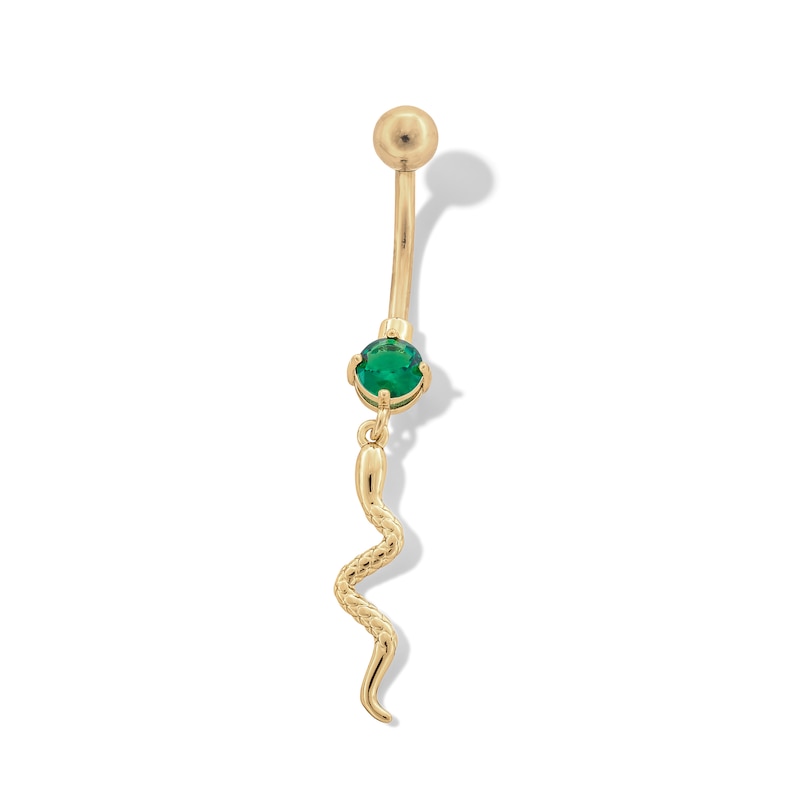 Main Image 1 of Yellow Ion Plated Green Simulated Crystal Snake Dangle Belly Ring - 14G 7/16&quot;