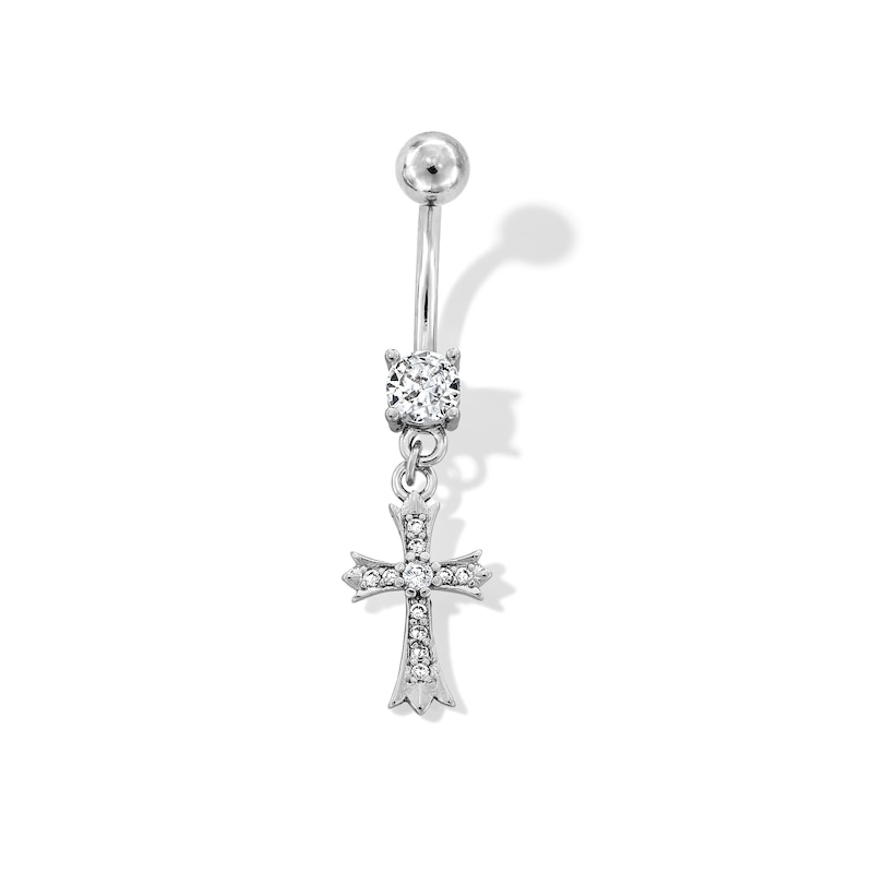 Main Image 1 of Stainless Steel CZ Cross Dangle Belly Ring - 14G 7/16&quot;