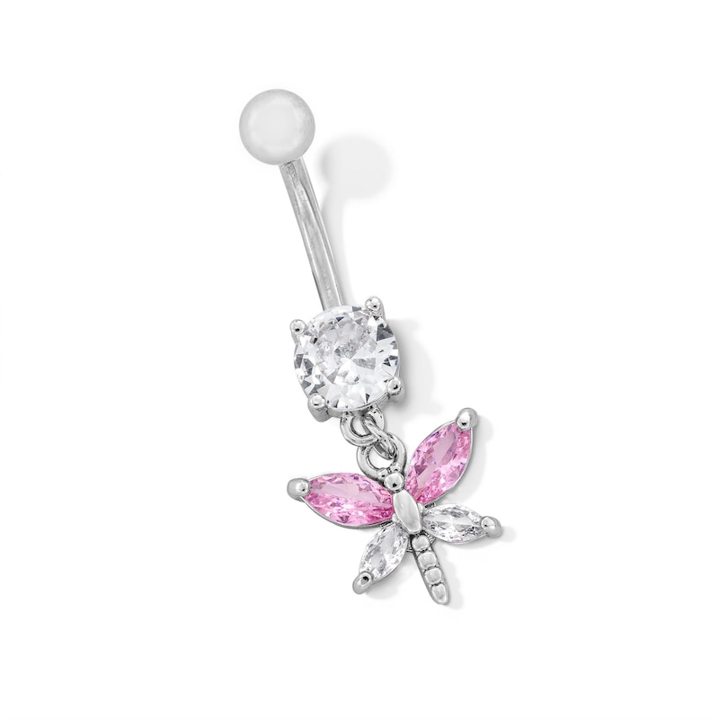 Main Image 1 of Stainless Steel Pink CZ Dragonfly Belly Ring - 14G 7/16&quot;