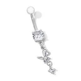 Stainless Steel CZ Heart And Butterfly Belly Ring - 14G 7/16&quot;