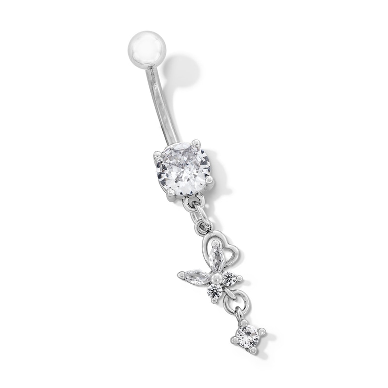 Main Image 1 of Stainless Steel CZ Heart And Butterfly Belly Ring - 14G 7/16&quot;