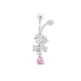 Stainless Steel Pink CZ Pear Dangle Belly Ring - 14G 7/16&quot;