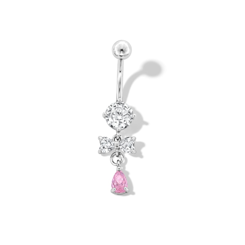 Main Image 1 of Stainless Steel Pink CZ Pear Dangle Belly Ring - 14G 7/16&quot;