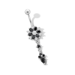 Stainless Steel Black CZ Flower Dangle Belly Ring - 14G 7/16&quot;