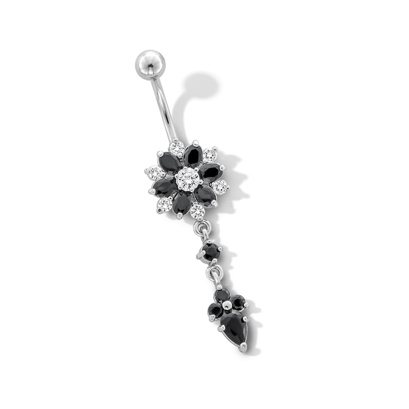 Main Image 1 of Stainless Steel Black CZ Flower Dangle Belly Ring - 14G 7/16&quot;